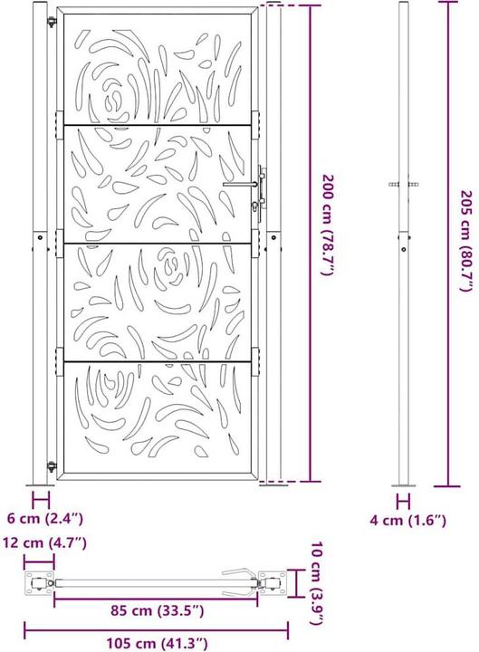 Produktbild VidaXL Gartentor Schwarz 105x205 cm Stahl Flammen-Design Zauntor Outdoor Tor
