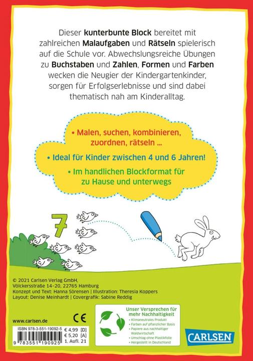 Produktbild Mein bunter Kindergarten-Block: Malspiele und Rätsel (Deutsch, Hanna Sörensen, Theresia Koppers, 2021)