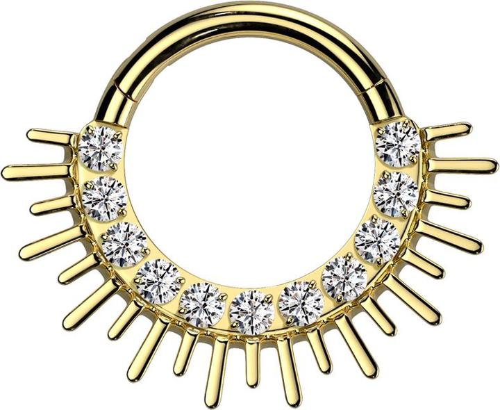 Star Piercing Micro Segmentring klappbar vergoldet Sonne Kristalle silber (Titan G23, ohne Messing)