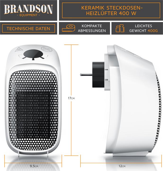 Image du produit Brandson Mini ventilateur chauffant à prise de courant, ventilateur chauffant en céramique 400W, chauffage (400 W)