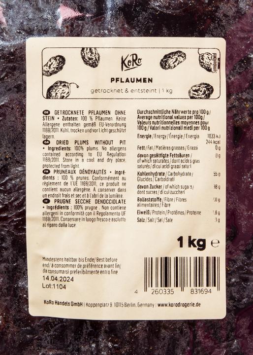 Nährwerte und Zutaten KoRo Getrocknete und entsteinte Pflaumen 1 kg (1000 g)