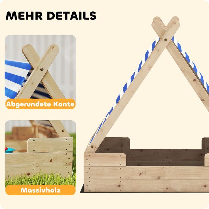 Produktbild Swisshandel24 Sandkasten mit Zeltdach, 120 x 120 cm Sandkiste aus Holz mit Bodenplane Natur