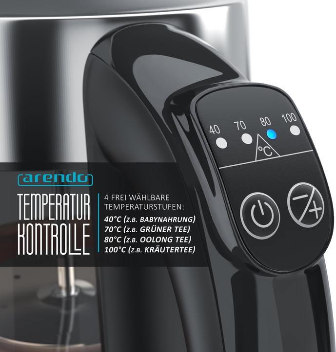 Produktbild Arendo Wasserkocher 1,7 l, 2200 W, Edelstahl & Glas mit Teesieb, Teekocher, Temperaturwahl 40° C - 100° C (1.70 l)