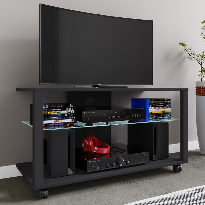 Image du produit VCM Bois TV Lowboard Roulettes Meuble TV mobile Rack Console Meubles Table TV Phono Verre (90 x 41 x 45 cm)