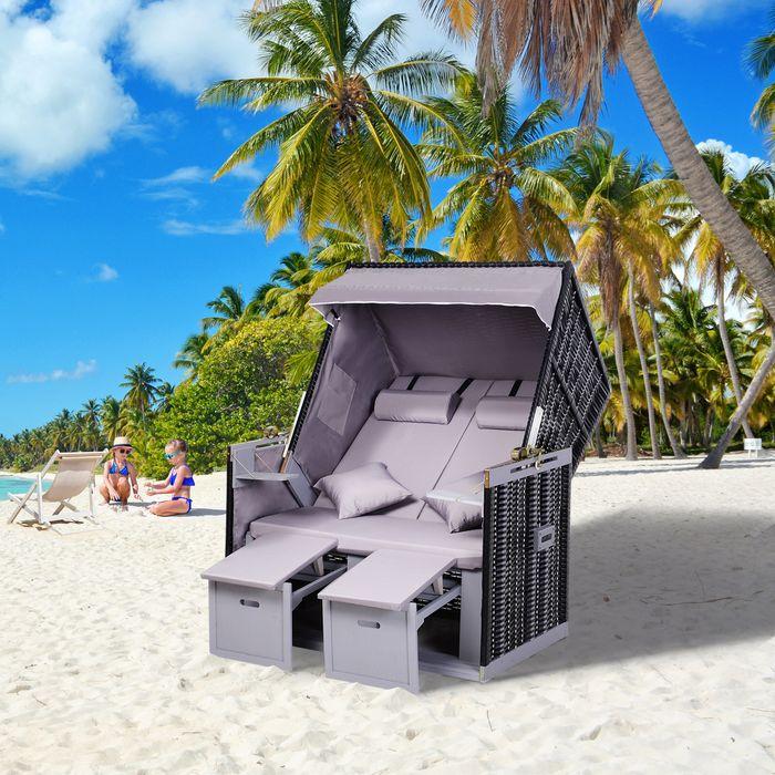 Image du produit Swisshandel24 Fauteuil-cabine de plage double avec toit Chaise longue de jardin porte-gobelet Chaiselounge PE