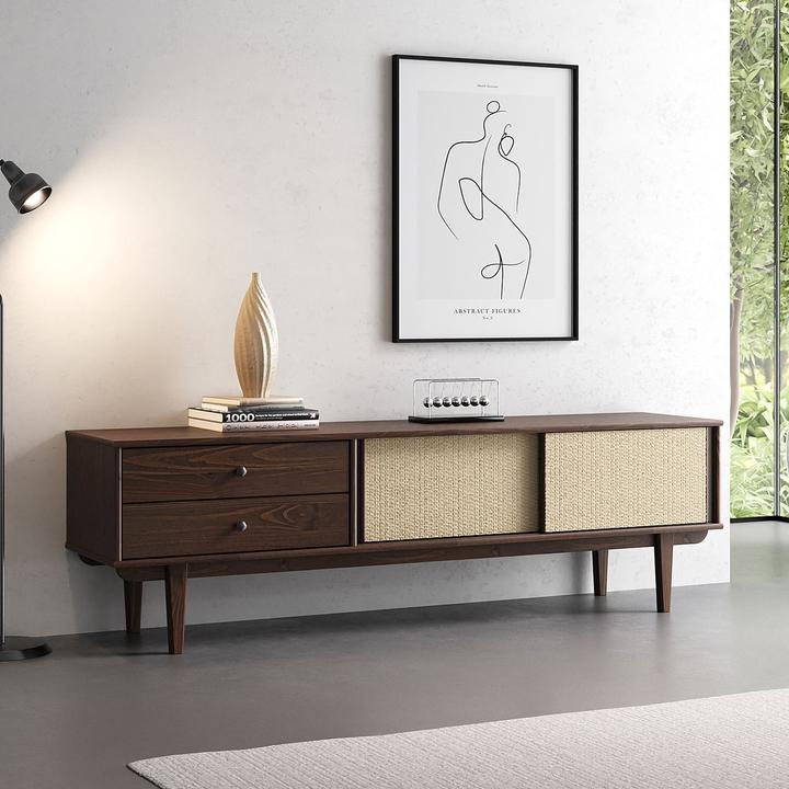 Image du produit IDIMEX Lowboard SIMONA aus Kiefer Massivholz mit Rattangeflecht – Nussbaumoptik