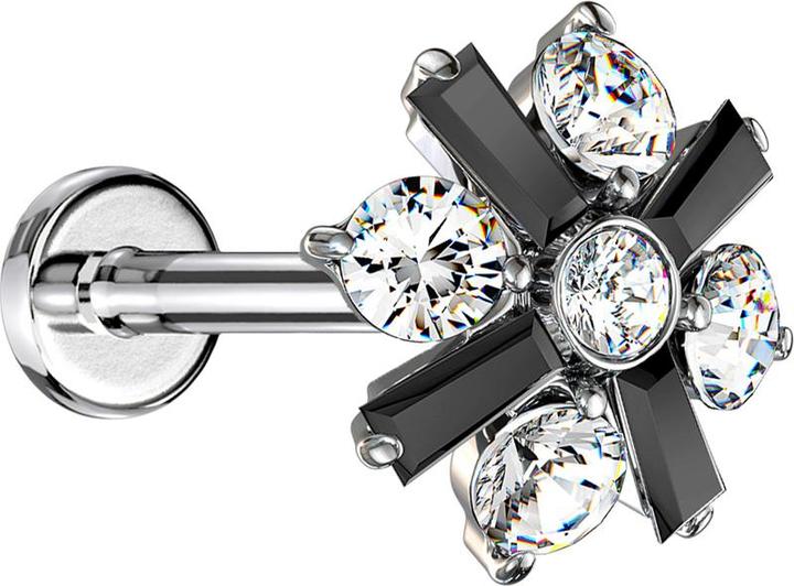Produktbild Star Piercing Micro Labret Innengewinde silber Kreuz Kristallblume schwarz (Chirurgenstahl 316L, Messing)