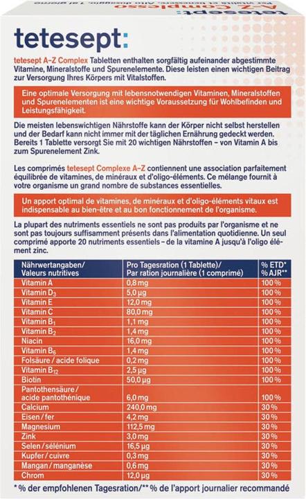 Nährwerte und Zutaten Tetesept A-Z Komplex (32 Stück, Tabletten, 80 g)