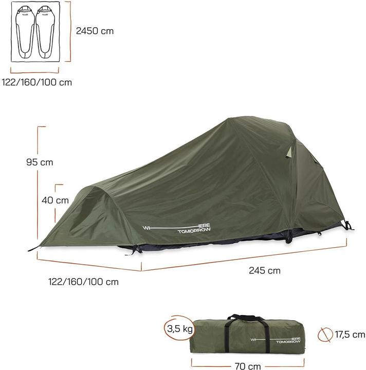 Actual product image Where Tomorrow 2 person pop up tent 160 cm x 70 cm, green (Pitching tent, 3.65 kg, 2 persons)