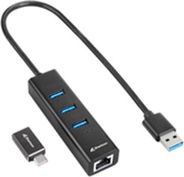 Produktbild Sharkoon HUB 3X USB 3.2 +RJ45 ALU BLACK (USB-C, 3 Ports)