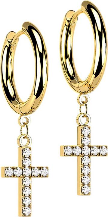 Produktbild Star Piercing Ohrring vergoldet Anhänger Kreuz mit Kristallen (ohne Messing, Chirurgenstahl 316L)