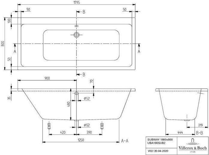 Image du produit Villeroy & Boch Baignoire rectangulaire Subway 80 x 180 cm blanc alpin lisse UBA180SUB2V-01 (180 l, 180 cm, 80 cm)