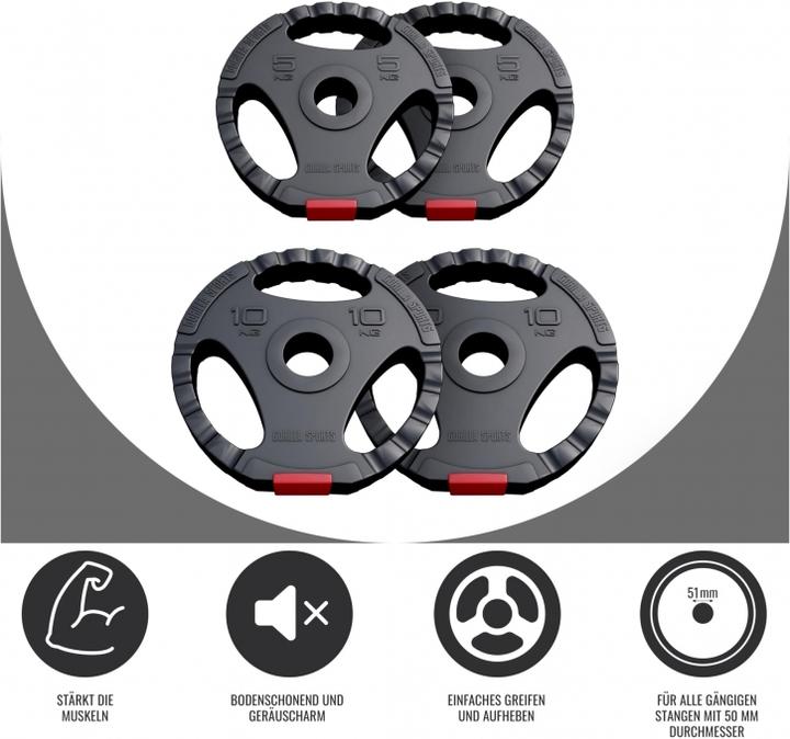 Immagine prodotto Gorilla Sports Set di piastre di peso Olympia 50/51 mm in plastica Pinza 30 kg (2 x 10 kg, 2 x 5 kg)