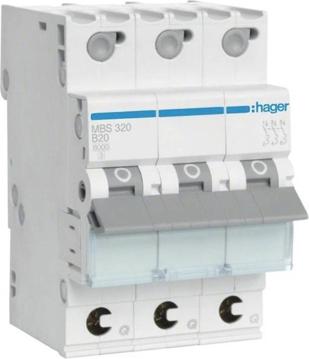 Produktbild Hager MBS320. Nennstrom: 20 A. Typ: B-type, Module Menge (max): 3 Modul(e). Breite: 52,5 mm, Tiefe: 70 mm