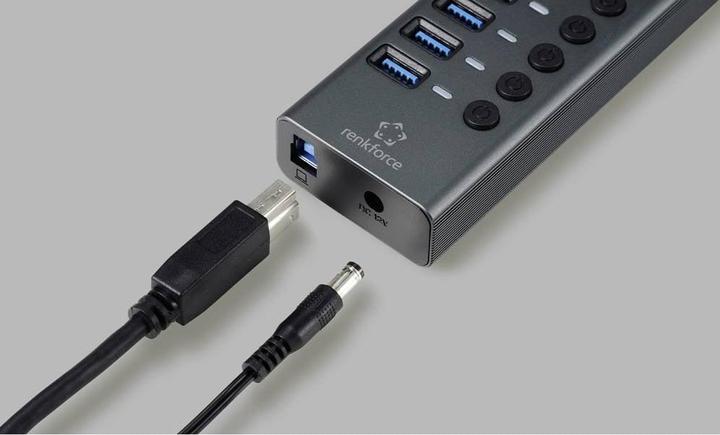 Actual product image Renkforce RF-HUB-380 8 Port USB 3.2 Gen 1 Switch + Hub (USB 3.0) with Aluminium Housing Silver-Sc (USB-A, 8 Ports)