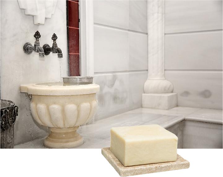 Produktbild Natura Punto Hamam-Seife mit Oliven-Öl, mit Seifenablage aus Travertin (Hartseife)