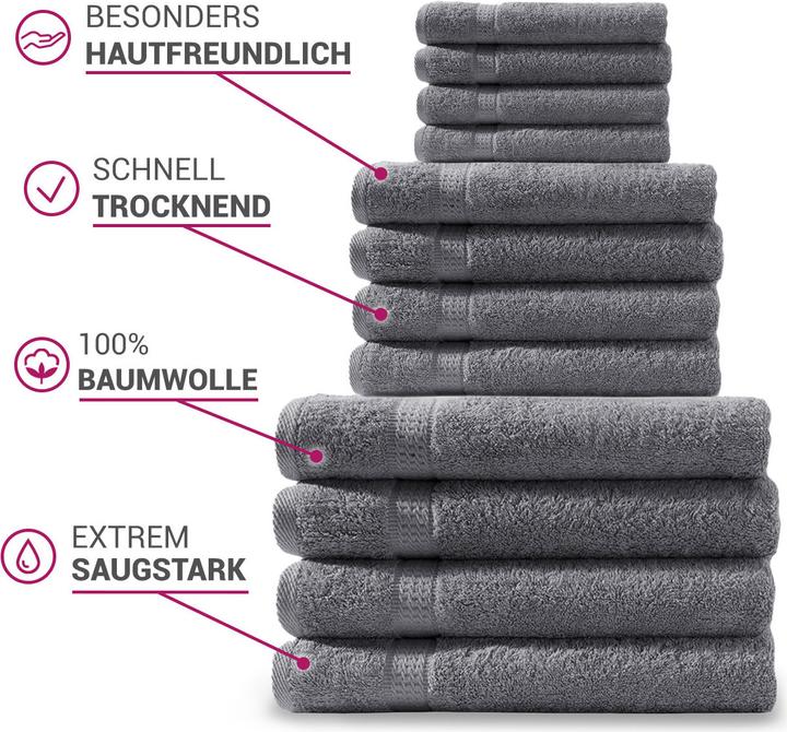 Image du produit Casativo Set de serviettes 12 pièces anthracite (50 x 30 cm, 150 x 100 cm, 100 x 50 cm)
