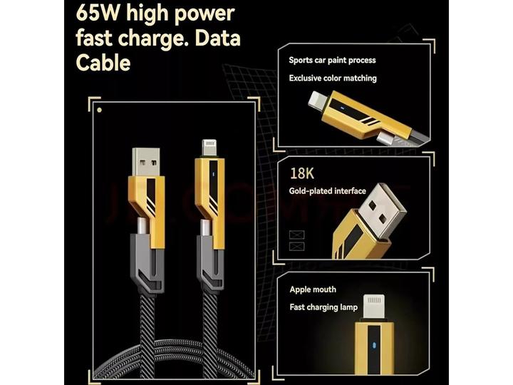 Image du produit Ven-Dens Câble 4 en 1 flexible et flip USB-C, Lightning, USB-A 65W, 27W PD 1.2m (USB 3.2 Gen 1)