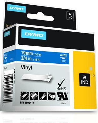 Produktbild Dymo Rhino 19mm weiß auf blau Vinyl (1.90 cm, Blau)