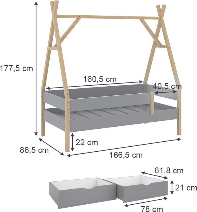 Actual product image VitaliSpa Tipi bed Bali, Grey, 80x160 cm with 2 drawers (80 x 160 cm)