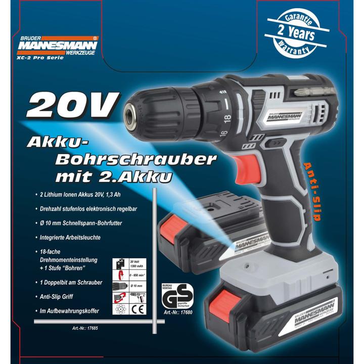 Actual product image Mannesmann Cordless drill screwdriver 20V (Rechargeable battery operated)