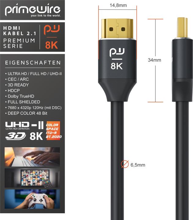 Actual product image Primewire HDMI Cable 2.1, 8K 60 Hz, Premium Ultra HD, High Speed 7680 x 4320 @ 120 Hz - 4k @ 240 Hz with DSC (4 m, HDMI)