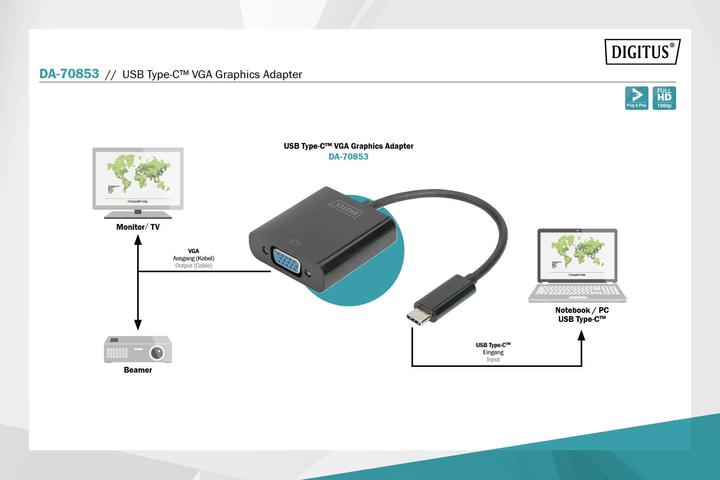 Produktbild Digitus USB zu VGA (USB Typ-C, 4.50 cm)