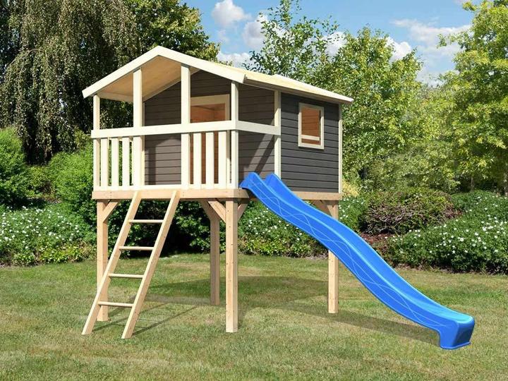 Produktbild Akubi Karibu Stelzenhaus Benjamin Fichte terragrau inkl. Sandkasten und Rutsche 3m grn