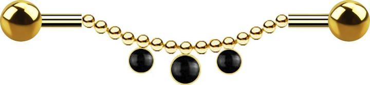 Image du produit Star Piercing Barbell plaqué or deux boules chaîne trois pierres onyx (Minéral, Acier chirurgical 316L, sans laiton)