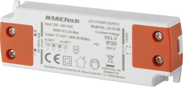 Image du produit Basetech LD-12-20 Transformateur LED à tension constante 20 W 1,66 A Approuvé pour le mobilier, Übers