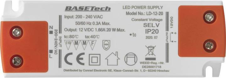 Image du produit Basetech LD-12-20 Transformateur LED à tension constante 20 W 1,66 A Approuvé pour le mobilier, Übers