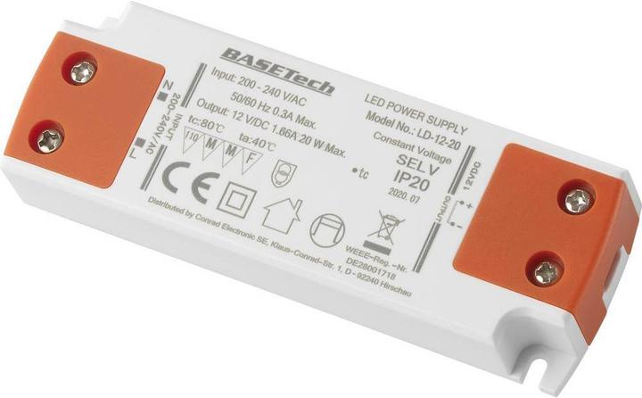 Image du produit Basetech LD-12-20 Transformateur LED à tension constante 20 W 1,66 A Approuvé pour le mobilier, Übers