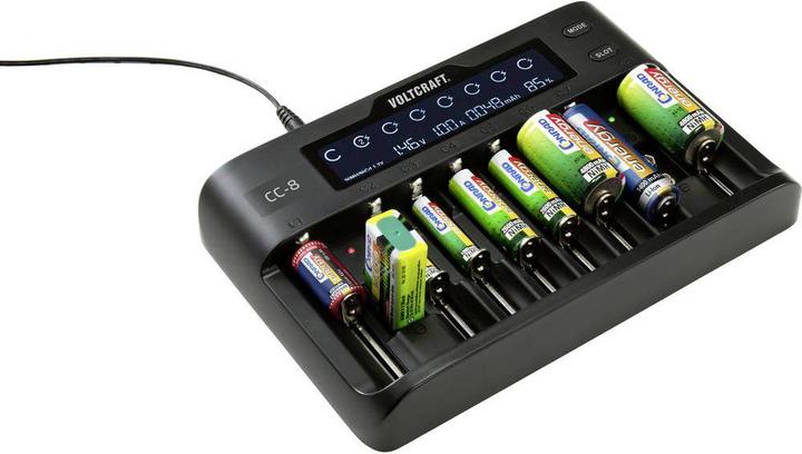 Produktbild Voltcraft CC-8 Rundzellen-Ladegerät (1 Stk., 10340, 14500, 16340, 17500, 17650, 18490, 18500, 18650, 21700, 22650, 26500, 26650, AAA, A, AA, Sub-C, 9V Block, Ladegerät ohne Akku)