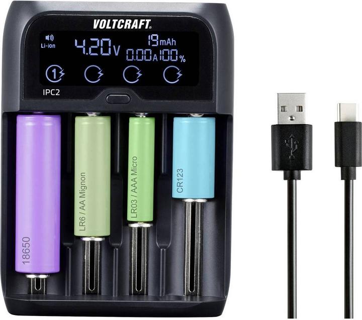 Voltcraft Rundzellen-Ladegerät (1 Stk., 10440, 14500, 14650, 16340, 17500, 17650, 17670, 18350, 18500, 18650, 22650, 26500, 26650, AA, AAA, C, AAAA, Sub-C, Ladegerät ohne Akku)