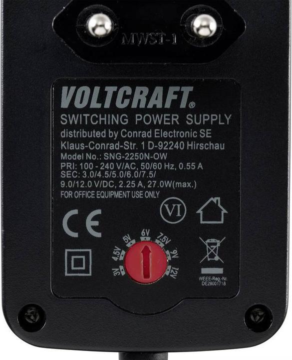 Actual product image Voltcraft SNG-2250N-OW Plug-in power supply, adjustable 3 V/DC, 4.5 V/DC, 5 V/DC, 6 V/DC