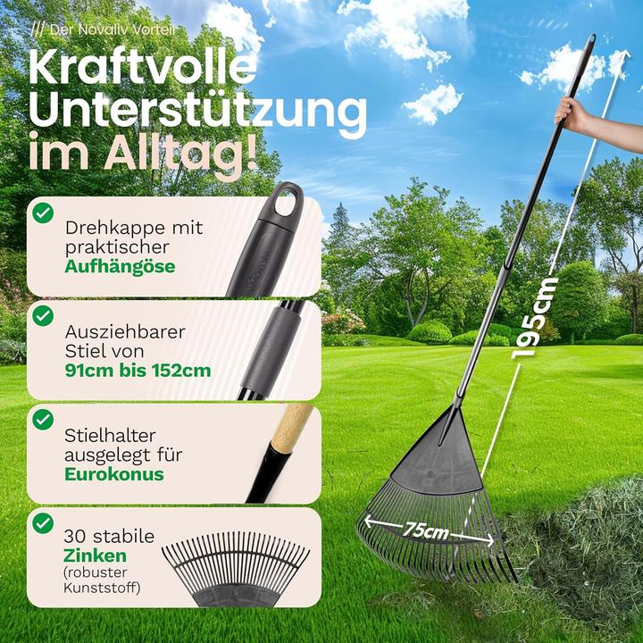 Produktbild Novatool Laubbesen mit Teleskop-Stiel bis 152cm, Laubfeger mit 30 Kunststoff-Zinken, Rechen Arbeitsb