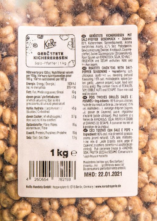 Nutritional values and ingredients KoRo Roasted chickpeas with salt and pepper flavour (1000 g)