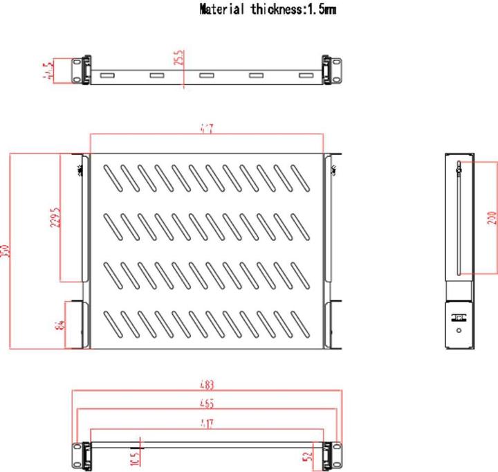 Actual product image Renkforce 48.3 cm (19"³) equipment shelf with ventilation slots, Extendable: 350 - 550 mm, 1 U