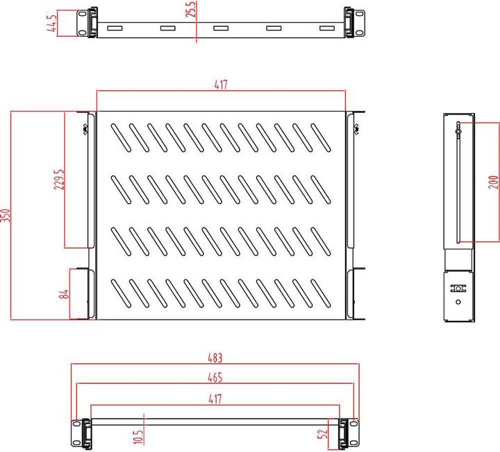 Actual product image Renkforce 48.3 cm (19"³) equipment shelf with ventilation slots, Extendable: 350 - 550 mm, 1 U