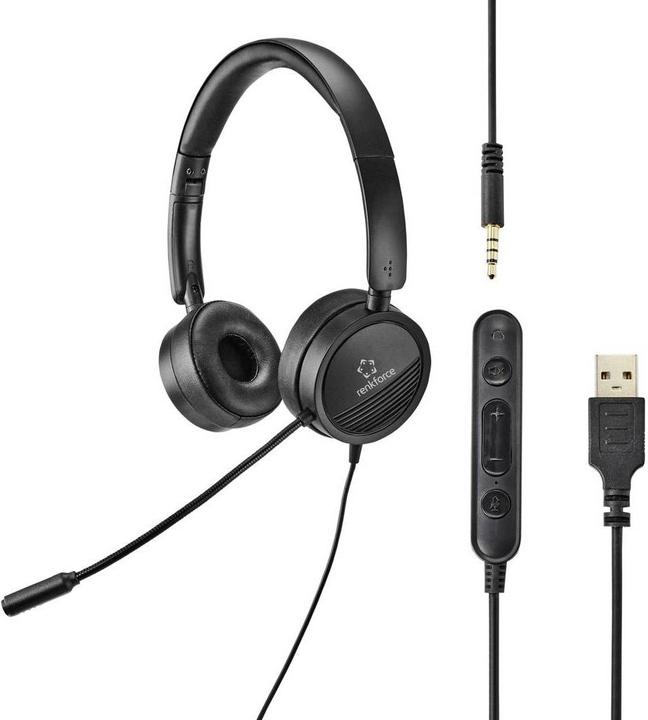 Produktbild Renkforce 2-in-1-Headset mit 3.5 mm-Stecker & USB-Inline-Steuerung (Kabelgebunden, USB-A)