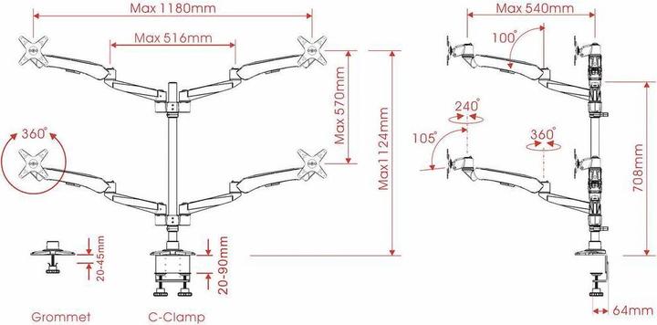 Actual product image SpeaKa Professional Flex 4-fold monitor holder, table mounting with gas pressure technology with C-clamp (Table, 27")