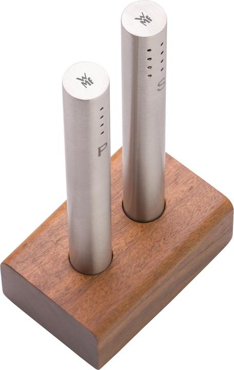 Immagine prodotto WMF Set saliera e pepiera 3 pezzi Cromargan in acciaio inox finitura opaca con supporto in legno (Sale, Pepe)