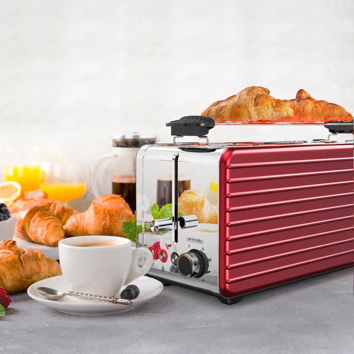 Produktbild Arendo Toaster Langschlitz für 4 Scheiben, 1500 W, Edelstahl, Brötchenaufsatz, DESAYUNO (EU-Stecker)