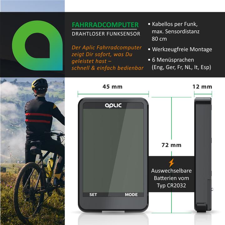 Produktbild Aplic Velocomputer, Fahrradcomputer, 17 Funktionen, kabellos, inkl. Geschwindigkeitssensor, Tachometer