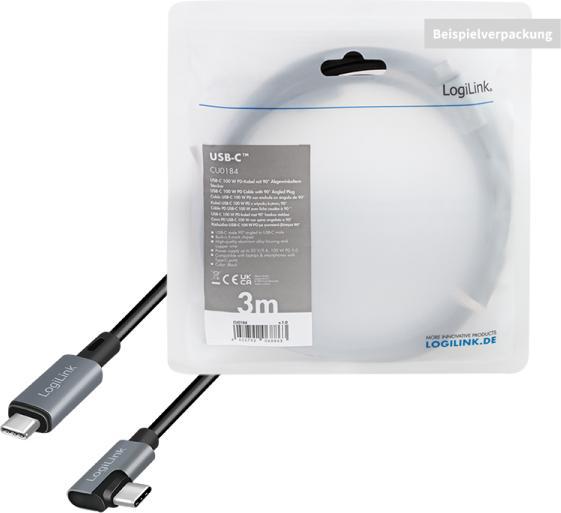 Produktbild LogiLink USB 2.0 Type-C-Kabel, USB-C/M 90° zu USB-C/M, E-mark, PD, schwarz, 2 m (2 m, USB 2.0)