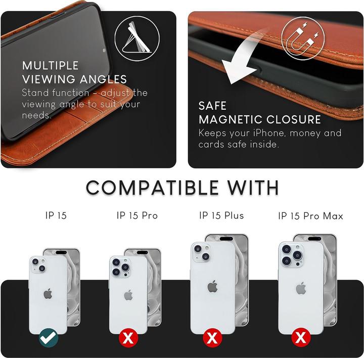 Actual product image Nalia Genuine leather flip case cover with magnetic fastener (Apple iPhone 15)