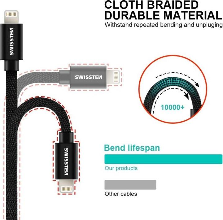 Produktbild Swissten Datenkabel Textil USB / Lightning 1.2 M (1.20 m, USB 3.2 Gen 1)