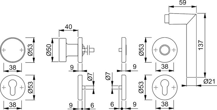 Produktbild Hoppe Rosettengarnitur Amsterdam 58/42KV/42KVS/1400 Aluminium F1 rund PZ DIN links / rechts flach D/K (Türrosette)