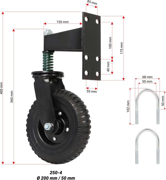 Image du produit Wiltec Roulette portail 200mm 275kg max Caoutchouc Vis montage 360° Roue porte