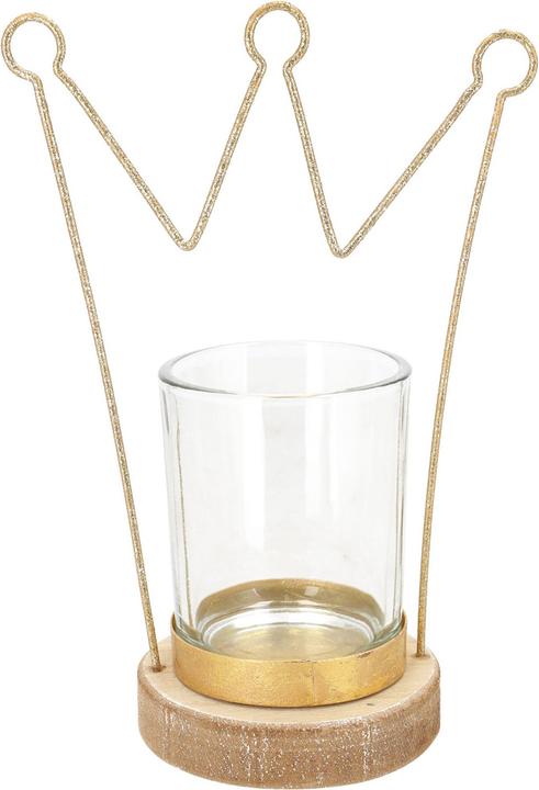 Produktbild Casativo Windlichthalter mit Krone aus Metall, Holzsockel und Windlichtglas, 12 x 8 x 17,5 cm (1 x)